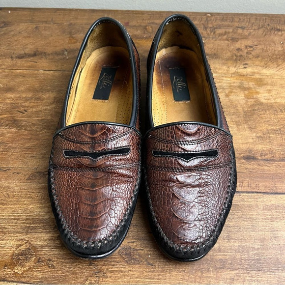 Zelli Mens 9M Black Brown Genuine Ostrich Leather Handmade Italy Penny Loafers - Picture 3 of 11